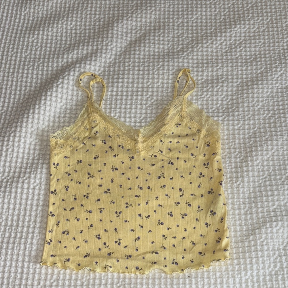 Yellow Floral Lace Trim Cami Top